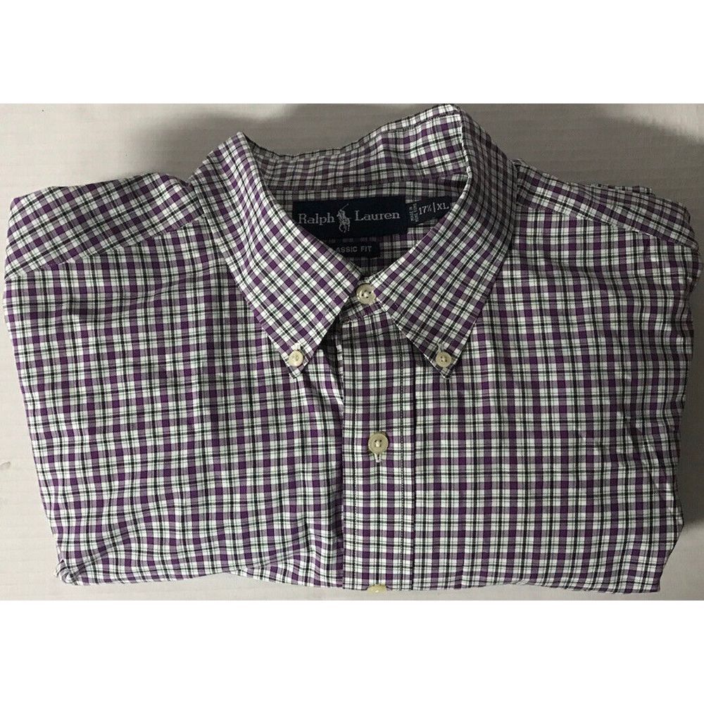 Ralph Lauren LS Button Up 17 1/2‎ XL Purple White Black Plaid